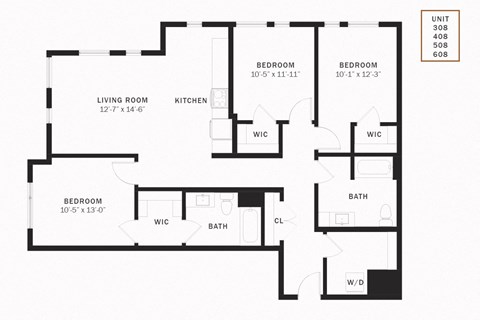Floor plan for 3 beds, 2 baths, 1349 sqft